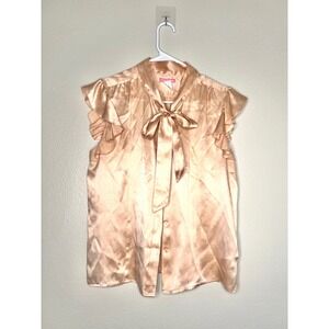 Pixie Hopkins Silk Polka Dot Bow Blouse Top XL Ruffle Sleeve Peach